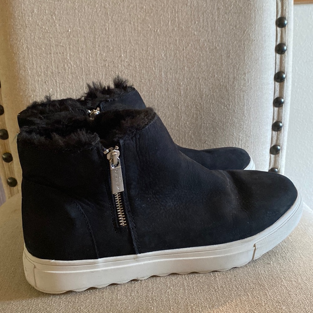 J/Slides Suede Faux Fur Lined Double Zip Ankle Boots Sneakers Black White 10
